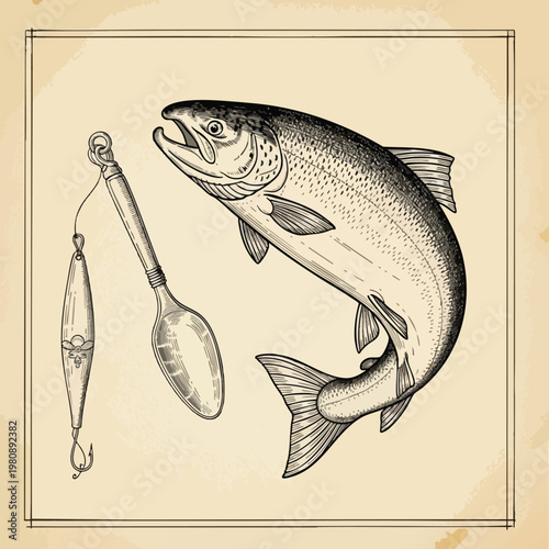 Freshly Caught Fish with Fishing Gear on Vintage style Paper Background