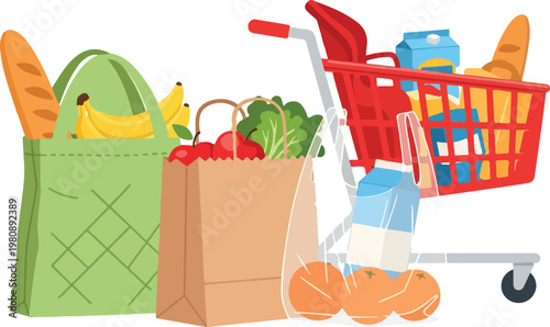 Grocery shopping vector illustration with full shopping cart and reusable bags. Fresh food products, paper grocery bags, and supermarket trolley. Healthy food retail concept.