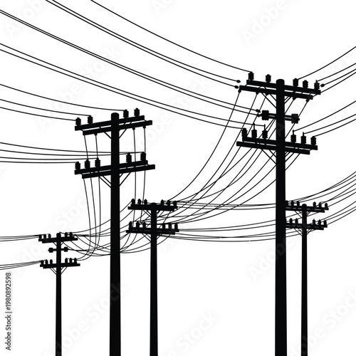 Black silhouette of utility poles with many power lines against white background electricity infrastructure