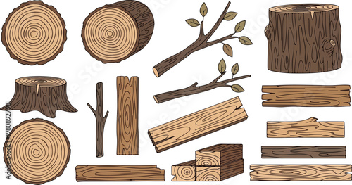 Rustic wood logs and timber planks vector set, natural tree trunk cross sections with rings and bark, brown wooden lumber elements for carpentry and forestry design