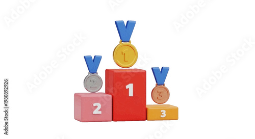 Vector illustration of 3d podium with gold, silver, and bronze medals for winners on a transparent background