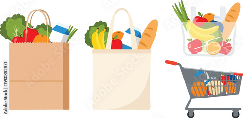 Grocery shopping bags and metal cart vector set, paper and fabric tote bags filled with fresh organic food, healthy vegetables and fruit produce in retail market containers