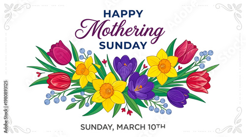 Happy Mothering Sunday Floral Greeting Card with Spring Flowers, Daffodils, and Tulips