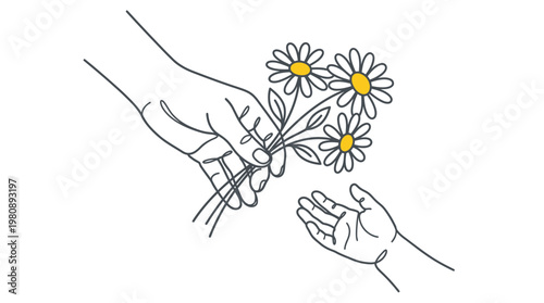 Minimalist Line Art of Adult Hand Giving Daisy Flowers to a Child - Concept of Kindness, Love, and Family Bond