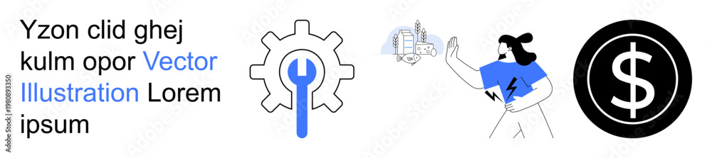 Obraz premium Financial planning, problem-solving, technology solutions, business development, workflow optimization, innovation. A gear, dollar sign and a person with abstract elements. Financial planning