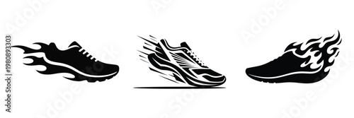 Black and white illustrations of running shoes with flame designs