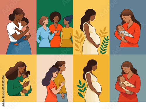 Diverse Motherhood and Pregnancy Illustration Set: Women, Babies, and Community Concept