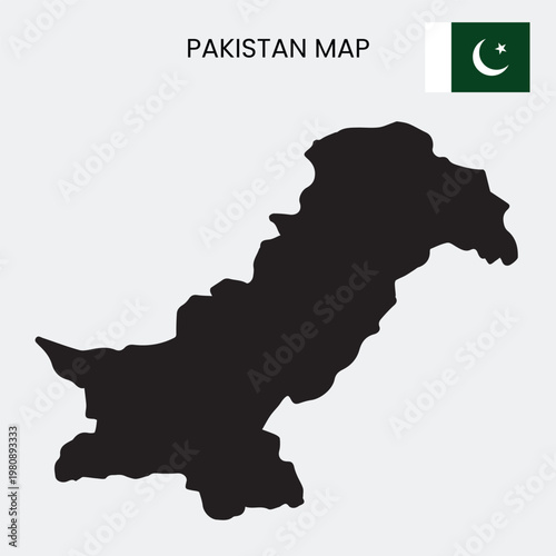 A black silhouette map of Pakistan with its flag on a white background