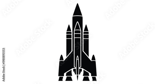 A striking black rocket ship design against a white background silhouette