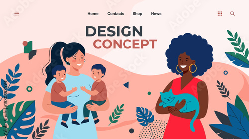 Diverse Women with Children and Pet Cat Flat Vector Illustration for Website Landing Page Header