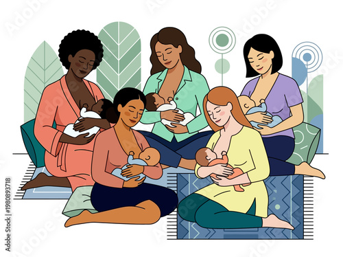 Diverse Group of Mothers Breastfeeding Their Babies in a Supportive Circle; Modern Flat Vector Illustration for Parenting, Lactation Support, and Women's Health Awareness