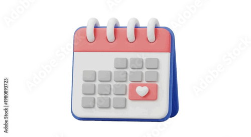 Vector illustration of 3d render of a calendar icon with a heart symbol on a specific date on a transparent background