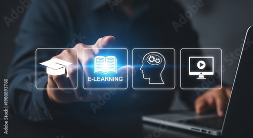 Man interacting with e-learning on a computer online education laptop