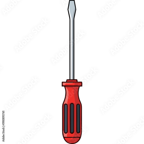 An illustration of a red handled screwdriver with a metal shaft.