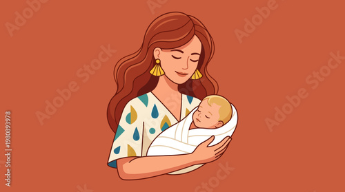 Modern Flat Illustration of a Loving Mother Holding a Sleeping Newborn Baby; Concept of Motherhood, Parenting, and Infant Care