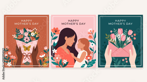 Set of Three Elegant Happy Mother's Day Greeting Cards Featuring Mother and Child, Floral Bouquet, and Tulips in Modern Flat Illustration Style