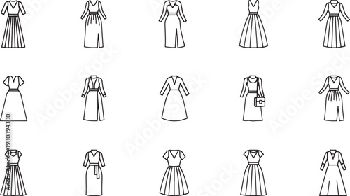 Black and white line of three rows of women's dresses with various necklines and sleeves line dresses