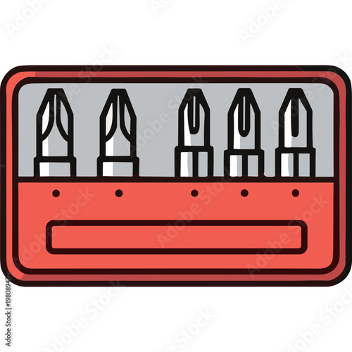 A set of four screwdriver bits in a red holder box on a table indoors.