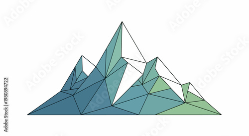 Abstract geometric polygonal mountain landscape with blue and green tones.