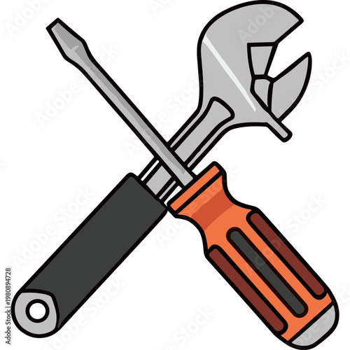 A screwdriver and adjustable wrench lie crossed on a surface.