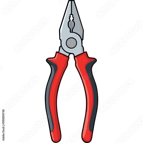An illustration of red handled needle nose pliers on a white background