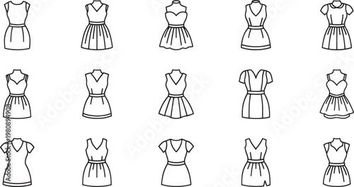 Black and white of fifteen women in various dresses with different necklines and sleeve styles fashion