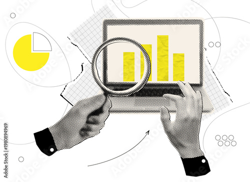 Halftone collage,Detailed Data Analysis and Business Analytics Concept , Hands Using Magnifying Glass to Examine Laptop Bar Charts, Symbolizing Research, Statistics, and Market Insights