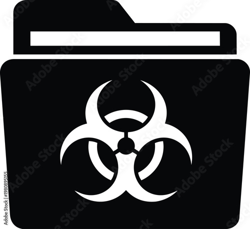 A black and white image of a folder with a biohazard symbol
