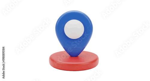 Vector illustration of 3d render of a blue map location pin icon standing on a red circular base on a transparent background
