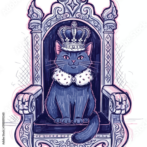 Majestic Black Cat Wearing a Crown Sitting on a Regal Throne with Ornate Details