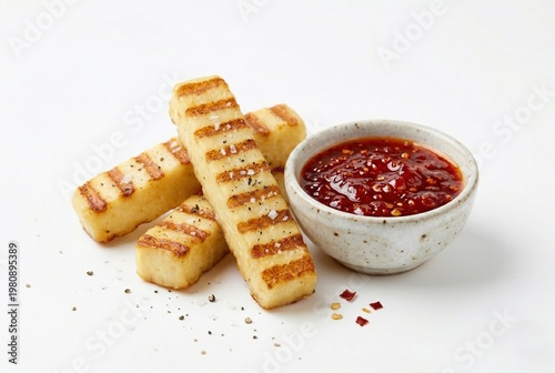 Grilled halloumi cheese sticks with chili dipping sauce isolated on white