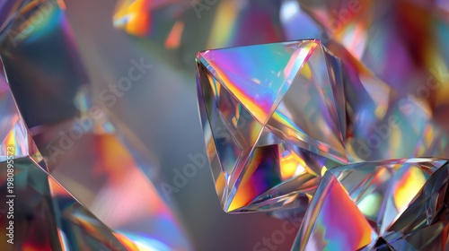 Different shapes of crystals with colorful reflections show light and color in interesting patterns in a close-up view