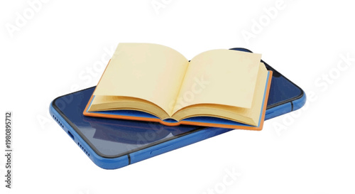 Vector illustration of open blank book resting on a modern blue smartphone on a transparent background