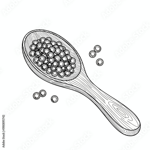 Close up of a vintage metal spoon filled with small round beads with a few beads scattered around on a white background