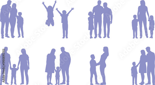 Flat Vector Silhouette Family Blue Parents Children Jumping Holding Hands Happy Together Love