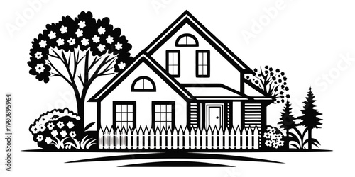 cottage-house-garden-fence-trees-silhouette-vector