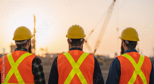 Three professional engineers wearing yellow hard hats and high visibility orange reflective safety vests stand together while surveying a large scale development project during a bright and sunny afte
