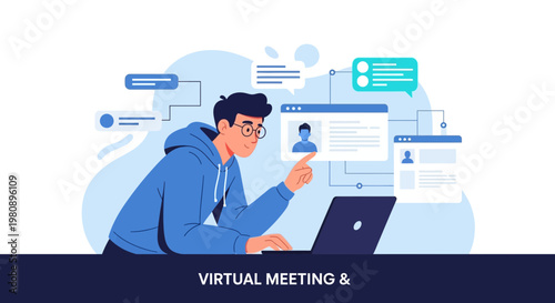 Man using laptop for virtual meeting, online communication, remote work concept