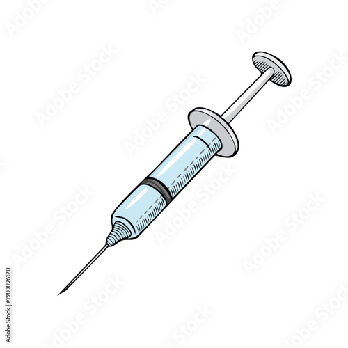 Illustration of a glass syringe with liquid and a sharp needle ready for injection