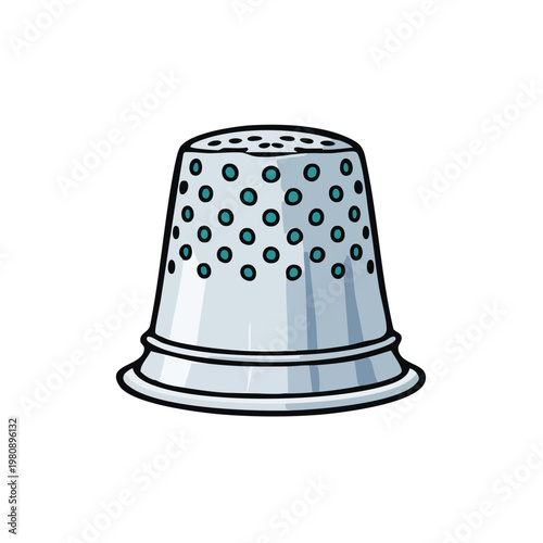 Illustration of a silver sewing thimble with blue dotted pattern and wide brim