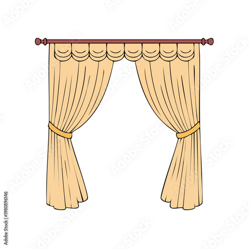 Elegant draped cream window curtains with scallops and tiebacks on a wooden rod