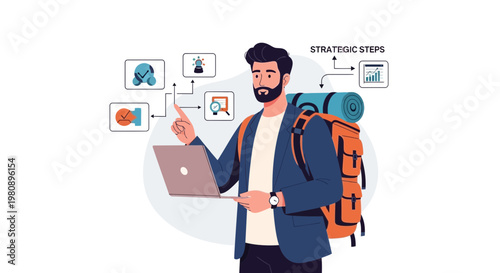Man with backpack and laptop planning strategic steps with icons