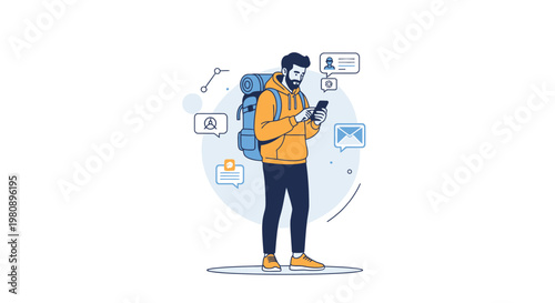 Man with Backpack Using Smartphone, Communication Icons, Travel Concept