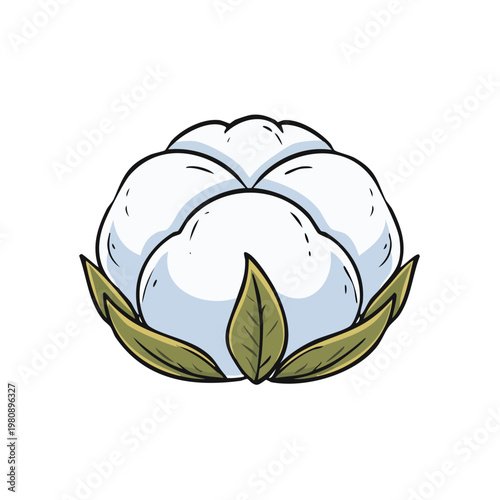 Stylized illustration of a fluffy white cotton boll surrounded by green leaves
