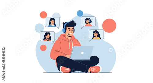 Man with headset on laptop connecting with people in video call bubbles