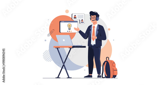 Man with headset presenting online course idea on laptop, remote learning concept