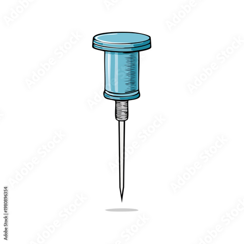 Hand drawn illustration of a blue pushpin or thumbtack with a sharp metal point