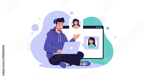 Man with headset on laptop, video call with friends, online communication concept