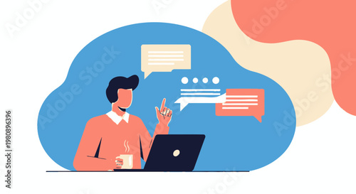 Man with laptop and coffee, communicating via chat bubbles, remote work concept