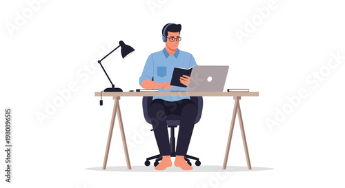 Man working at desk with laptop and headphones, studying or remote work concept
